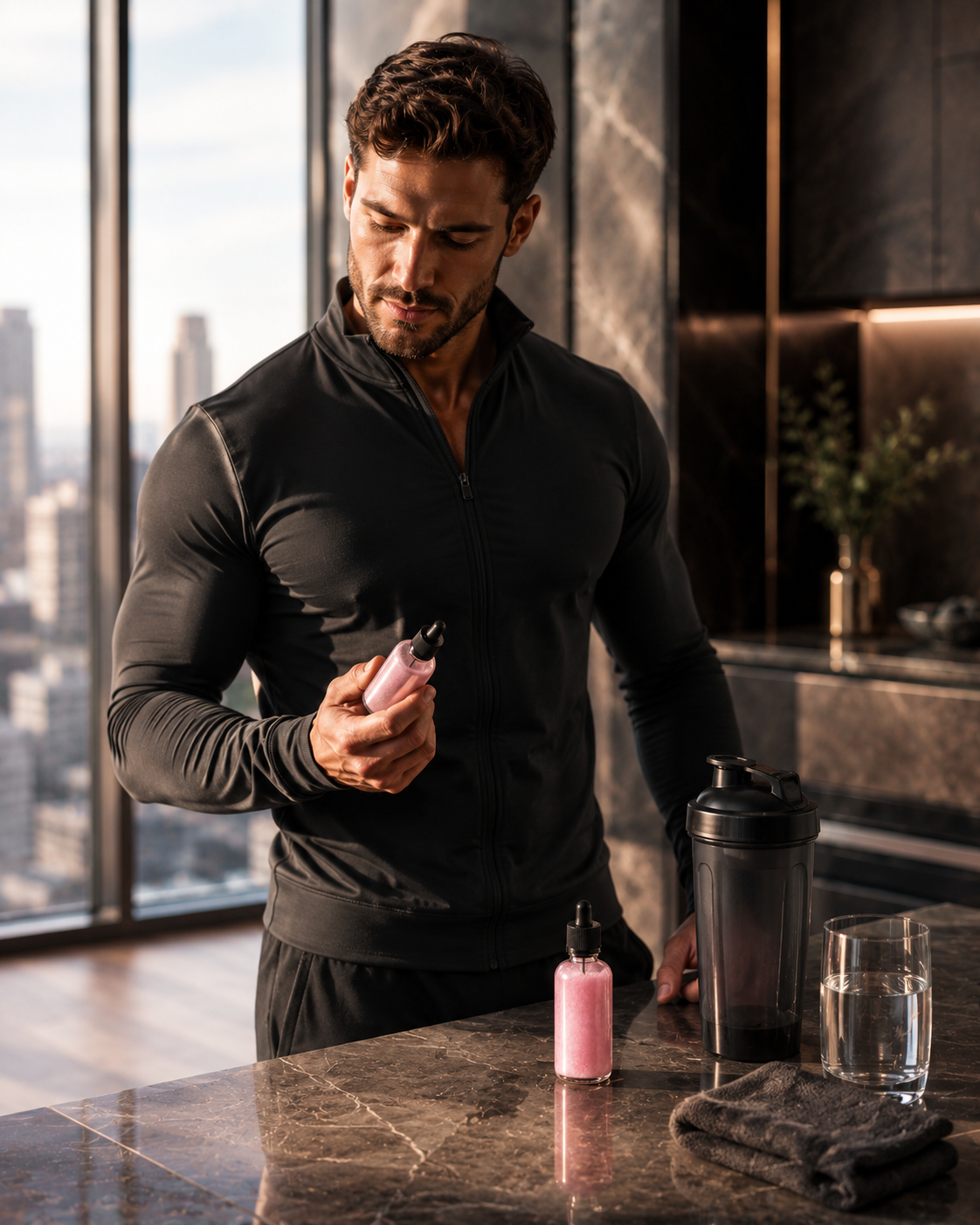 Man studying the C—Bombs bottle with deliberate focus